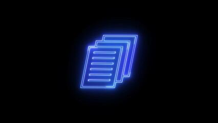 Neon file documents uploading icon 4k animation . Glowing blue neon document sign on black background.