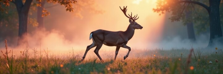 Proud deer strides through ethereal mist, showcasing its grace , morning, buck, stock