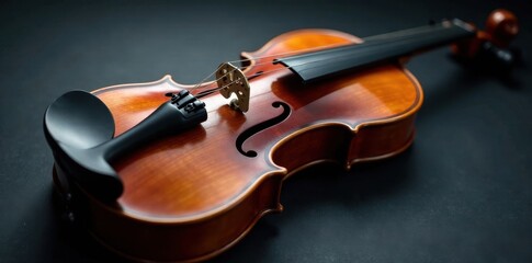 Fototapeta premium Polished violin on ebony surface; subtle light highlights curves , musical instrument, beauty, surface