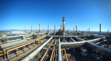Fototapeta premium The image showcases a vast industrial refinery complex with numerous pipelines and tall towers against a clear blue sky, highlighting the scale of modern energy production. 