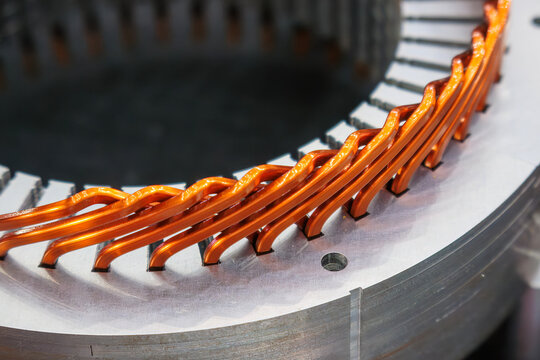 Close up scene the bar wound stator parts  for electric car motor.