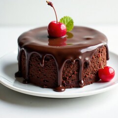 Rich chocolate cake, glossy cherry, chocolate drizzle , moist, dessert, chocolate cake