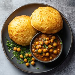 Closeup topview of Chole Bhature meal on clean surface
