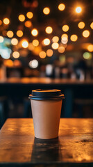 A coffee cup sits on top of an empty table, with blurred lights in the background
