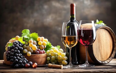Fototapeta premium Wine grapes, glasses, bottle, and barrel on wooden table. Still life presentation for dining