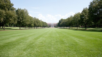 University campus lawn, building view, summer day, peaceful scene, education
