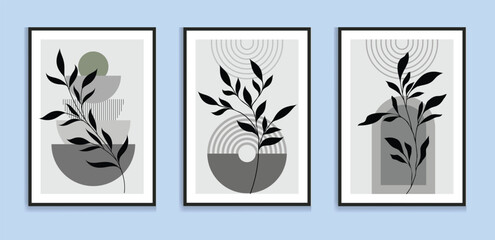 Abstract botanical wall art prints sun moon poster. Contemporary minimalist backgrounds modern boho style. Mid century wall decor, art print. Illustration