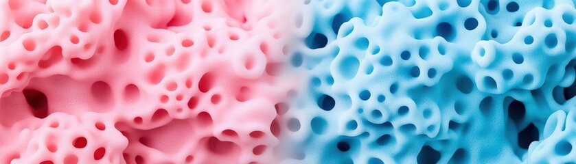 Close up image of blue and pink substance with textured surface and abstract design
