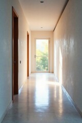 Serene hallway, soft focus background, modern design, bright lighting, background, smooth