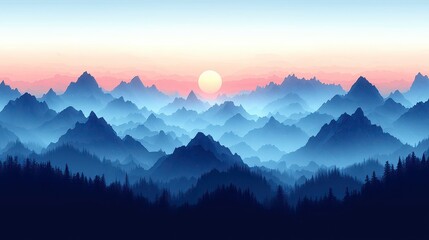 Sunset over misty mountain range, serene landscape