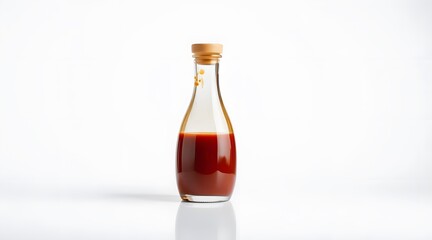 A glass bottle filled with rich red sauce, featuring a wooden cork, standing elegantly against a white background, ready for culinary use.  