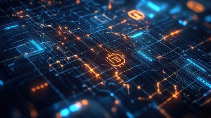 Obraz premium Digital finance ecosystem, blockchain network visualization, cyber economy, glowing cryptocurrency symbols, futuristic fintech,