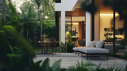 Obraz premium Modern patio with lush greenery, interior view