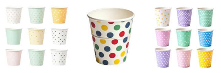Tableware for party elements. A collection of colorful paper cups featuring various designs, with a central cup adorned with vibrant polka dots.
