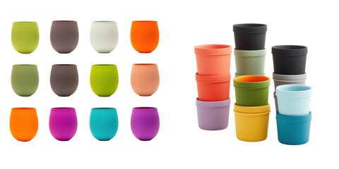 Tableware for party elements. A collection of colorful cups in various shapes and sizes, showcasing vibrant hues and smooth textures.