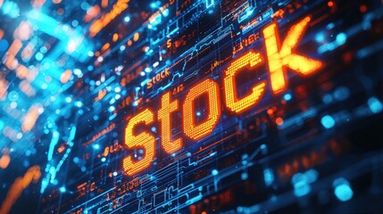 Glowing 'STOCK' text over blue digital circuit board background, representing financial markets and technology. Ideal for investment, finance, and trading concepts.