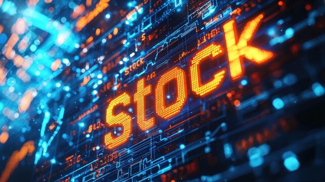 Glowing 'STOCK' text over blue digital circuit board background, representing financial markets and technology. Ideal for investment, finance, and trading concepts.