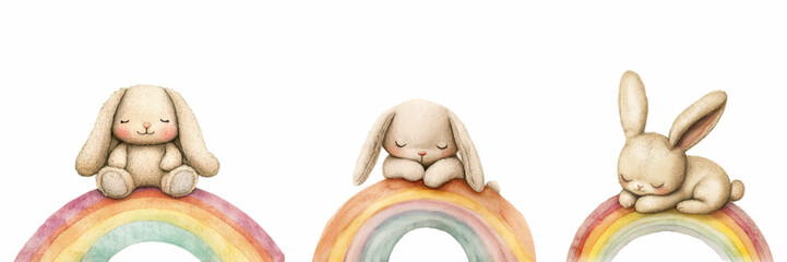 Watercolor set of cute rabbits on a rainbow. Cute plush bunnies sleeping on a rainbow. or children's toys. Cute illustration in boho style. Children's character illustrations. Vector illustration.