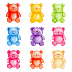 Watercolor set of gummy bears png. Multicolored gummy bears in watercolor style. Concept of jellies, jelly candies, etc. Cute candies in the shape of bear cubs. Vector illustration. © Narin