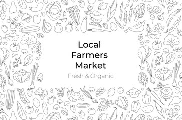 Hand-drawn doodle style vector illustration of fresh farm vegetables and fruits forming a frame