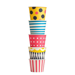 Tableware for party elements. Colorful stacked cups featuring various patterns, including polka dots and stripes, showcasing vibrant designs suitable for parties.