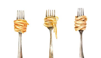 Watercolor set of forks with wrapped spaghetti. Silver forks with spaghetti, noodles, etc. Dinner concept. Italian cuisine. Elements for menu, dinner and other food designs. Vector illustration.