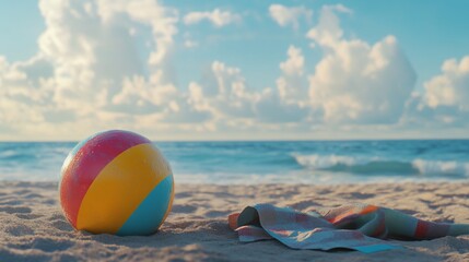 Obraz premium Beach day bliss: Colorful beach ball and towel on sandy shore