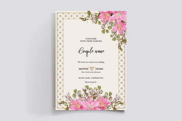 WEDDING INVITATION FRAME WITH FLOWER DECORATIONS AND FRESH LEAVES