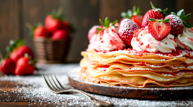 delectable crepe cake topped with fresh strawberries and whipped cream