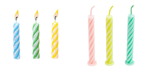 Tableware for party elements. Colorful birthday candles with flames, featuring various stripes, arranged in two groups.