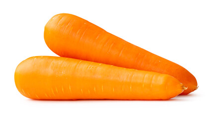 Side view of two fresh orange carrot roots in stack isolated on white background with clipping path
