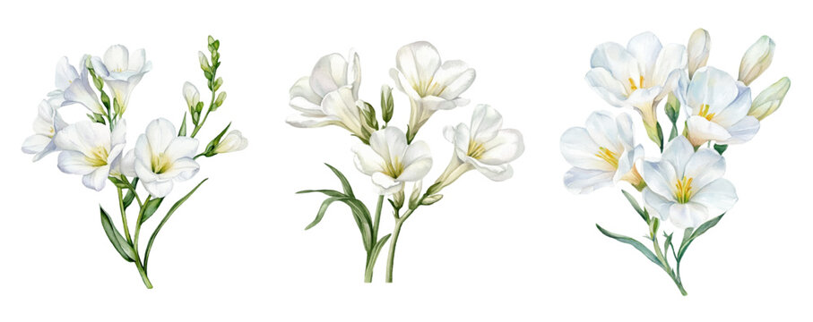 Watercolor set of white freesia flowers png. White freesia with green leaves and stem and white buds. Floral flower concept. Elements for wedding designs, invitations, etc. Spring flowers watercolor.