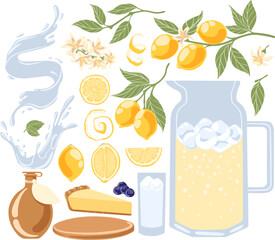 Set of hand drawn cartoon illustration of lemon and jar with lemonade. Vector illustration of tropical fruits.