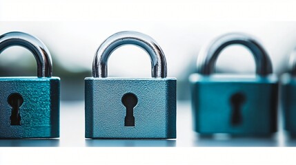 Three padlocks security, office desk, blurred background, data protection