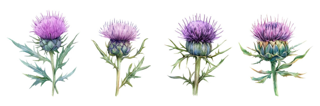 Watercolor set of milk thistle flowers png. Hand drawn wildflowers. Milk thistle flower. Medicinal herb. Concept of aol medicinal and cosmetic herbs. Vector composition.