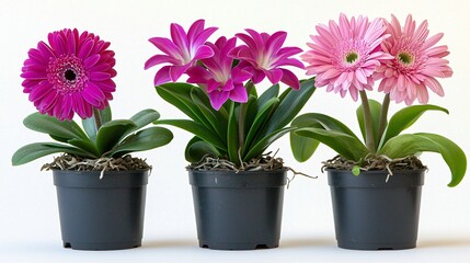 Fototapeta premium Three potted flowering plants, white background, gardening, home decor