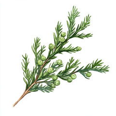 Fototapeta premium cypress branch with tiny green cones, showcasing vibrant green foliage and intricate details. This botanical illustration captures essence of nature beauty