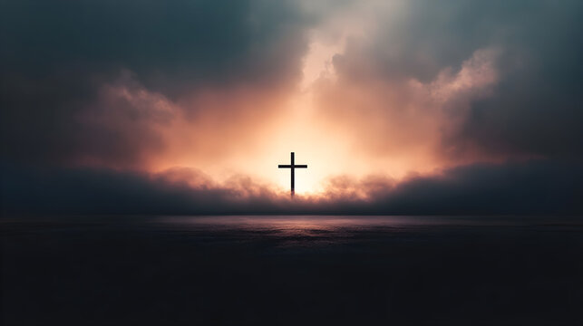 Christian cross against the sky from which light emanates, testifying to the presence of the Lord and eternal life. Religious background	