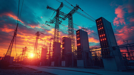 Naklejka premium Electricity substation at sunset with high voltage transformers and power lines. vibrant colors of sky create dramatic backdrop, highlighting industrial landscape