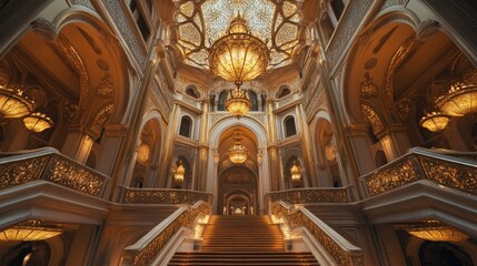 Fototapeta premium Grand Staircase in opulent palace; intricate gold detailing, crystal chandeliers, and arched hallways.