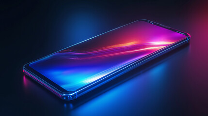 smartphone floating in a minimalist metallic environment, neon lights reflecting off its curved screen, holographic interface
