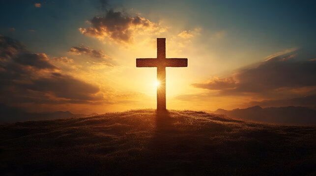 Christian cross against the sky from which light emanates, testifying to the presence of the Lord and eternal life. Religious background	