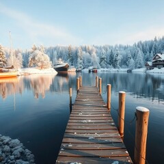 Naklejka premium A small wooden dock in a quiet harbor with snow-covered trees, snow, trees, frosty