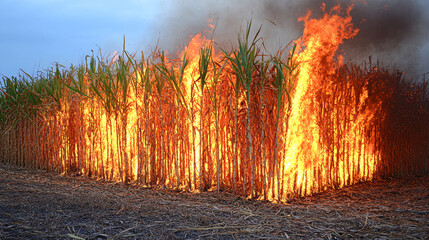 Burning sugarcane field with flames engulfing plants, showcasing agricultural practices. intense fire creates dramatic scene against sky