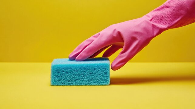 Cleaning Object with Pink Gloves and Blue Sponge
