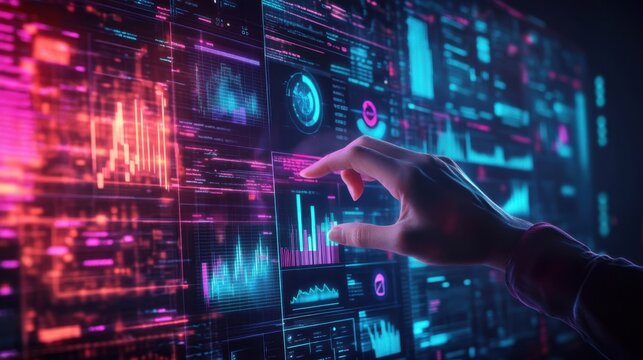 Futuristic digital marketing concept, holographic graphs and analytics, modern business strategy, glowing UI elements, corporate environment,