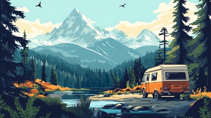 Mountain landscape with camper van, serene nature scene
