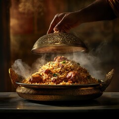 Detailed cinematic photo of luxurious biryani plate unveiling