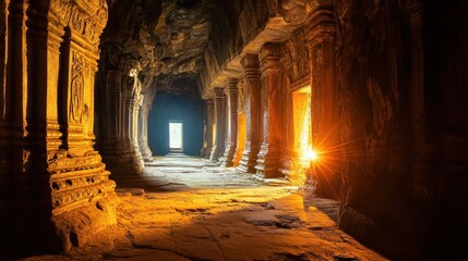 An Ancient Hallway Inside a Cave Showing a Bright Light Source