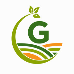 Initial Letter G Agriculture And Farming Logo Combine With Field and Leaf Symbol
